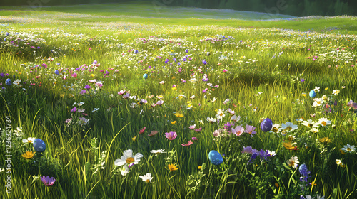 Wallpaper Mural A rustic country field alive with wildflowers dancing in a gentle breeze, accented by artfully hidden Easter eggs amid tall, swaying grasses Torontodigital.ca