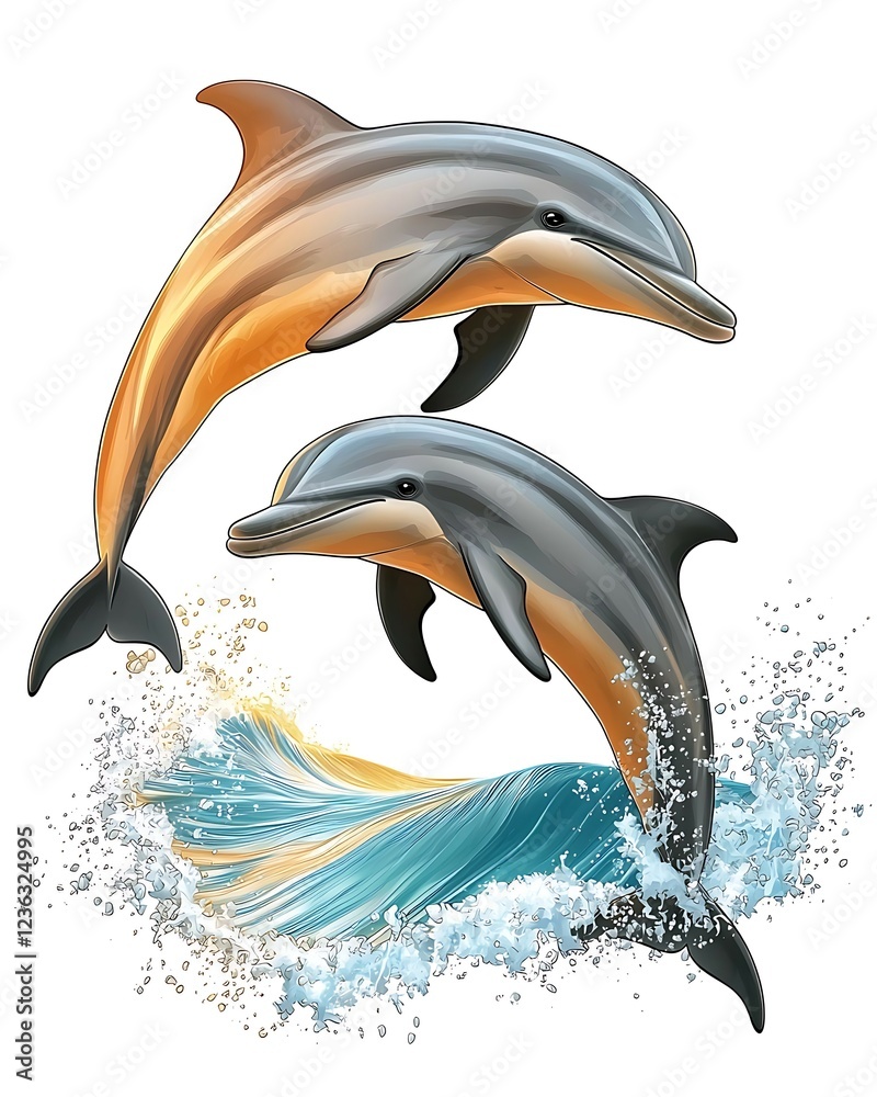 custom made wallpaper toronto digitalNautical and ocean-themed designs concept, Two dolphins gracefully leap above ocean waves, showcasing their playful nature in a vibrant and dynamic marine scene.