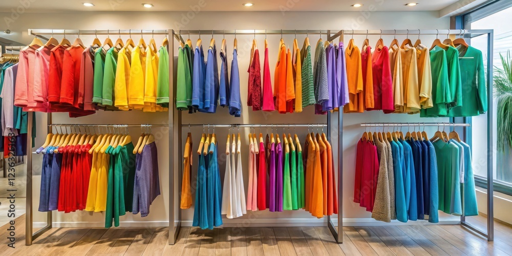 Colorful garments hang from stylish racks in a modern boutique display , colorful, modern, colorful Colorful garments hang from stylish racks in a modern boutique display , colorful, modern, colorful