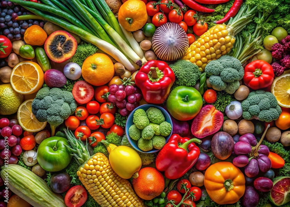 Aerial Photography of a Vibrant Assortment of Fresh Fruits and Vegetables Aerial Photography of a Vibrant Assortment of Fresh Fruits and Vegetables