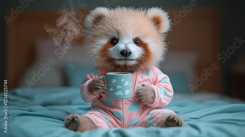 Sleepy Panda Bear in Pastel Pajamas Holding Steaming Tea Mug on Bed