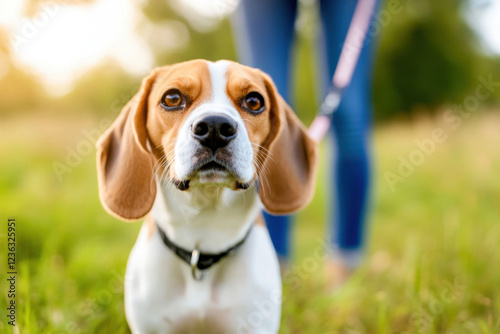 beagle dog looking directly at camera while straining on leash, surrounded by grassy field. warm sunlight creates cheerful atmosphere photo