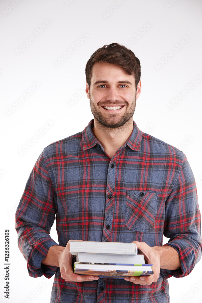 Man, student and smile with books in studio portrait with pride, education or learning by white background. Person, happy and scholarship for college, development and studying for exam in Australia Man, student and smile with books in studio portrait with pride, education or learning by white background. Person, happy and scholarship for college, development and studying for exam in Australia