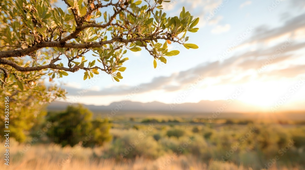 Sunset over desert landscape, tree branch foreground Sunset over desert landscape, tree branch foreground