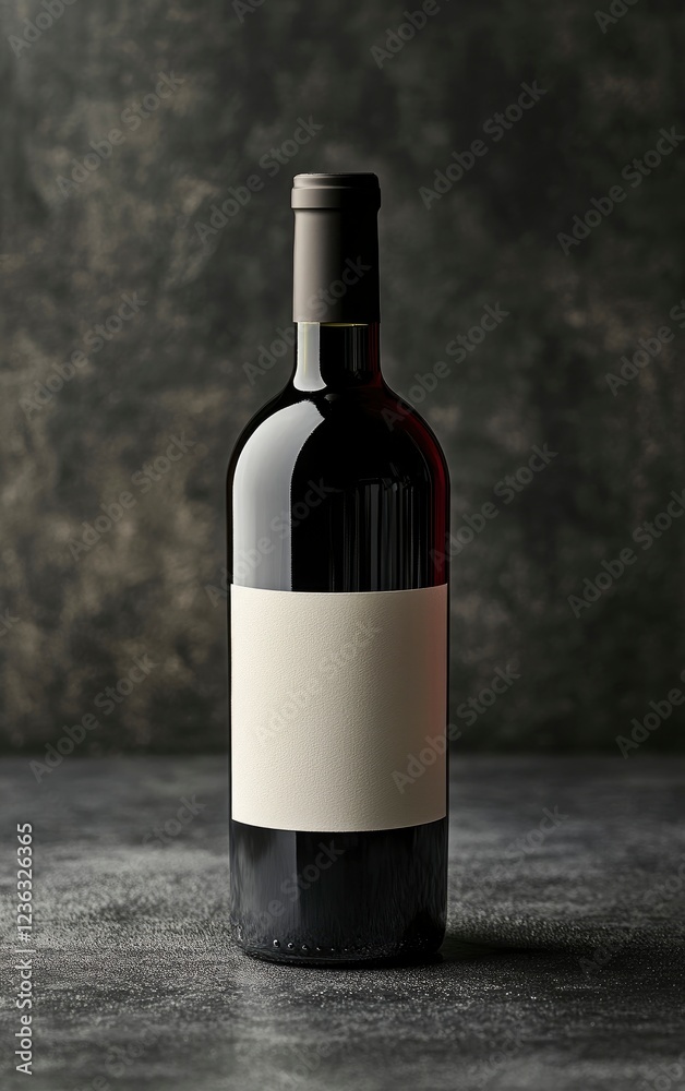 Fototapeta premium A red wine bottle with a white label on a dark grey background, product photography, front view. The label is blank, and there is a blank black box of text in the bottom right corner. 