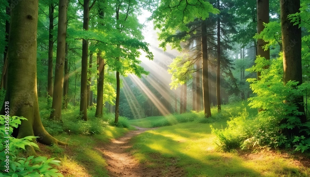 Fototapeta premium Beautiful rays of sunlight in a green forest