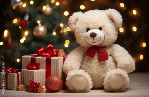 A cute teddy bear sits next to a wrapped Christmas gifts with Christmas tree garland lights in the background. Front view. New Year. Merry Christmas