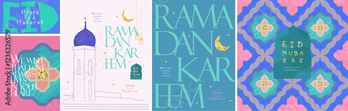Ramadan Kareem. Eid Mubarak. Vector modern illustration of mosque, ornament, crescent, seamless pattern, lantern for greeting card, background, poster