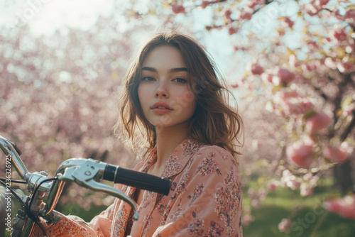 Shot of pretty young woman with a vintage bike enjoying the time in cherry field in springtime