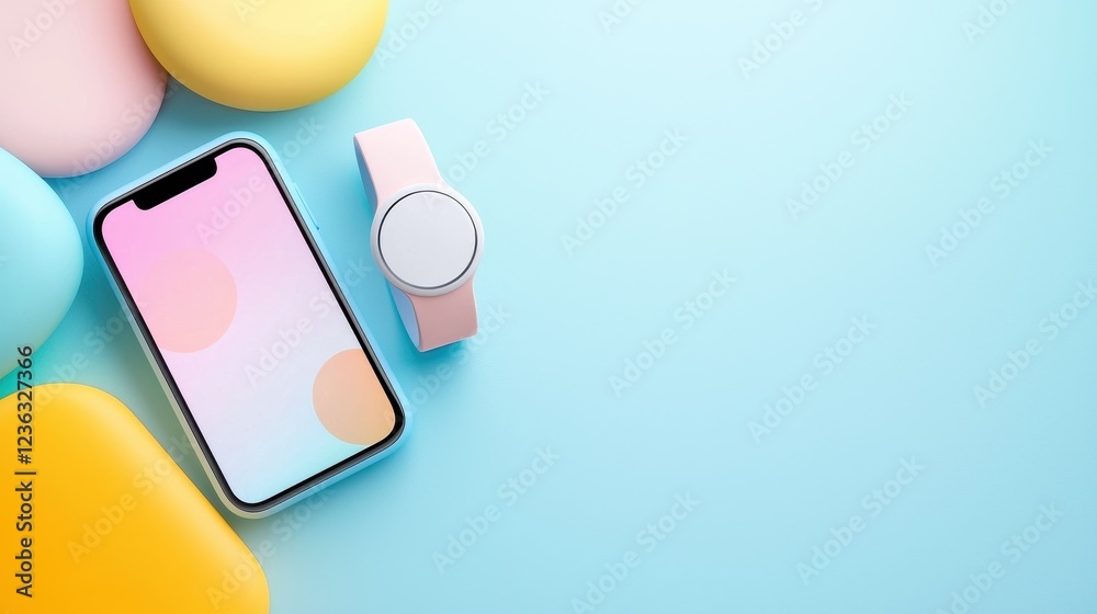 A modern smartphone and a smartwatch are displayed on a colorful background, with soft, rounded shapes adding a playful touch to the scene. A modern smartphone and a smartwatch are displayed on a colorful background, with soft, rounded shapes adding a playful touch to the scene.