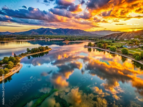 Aerial View of San Bernardino Lake, Stunning Water Reflections at Sunset photo