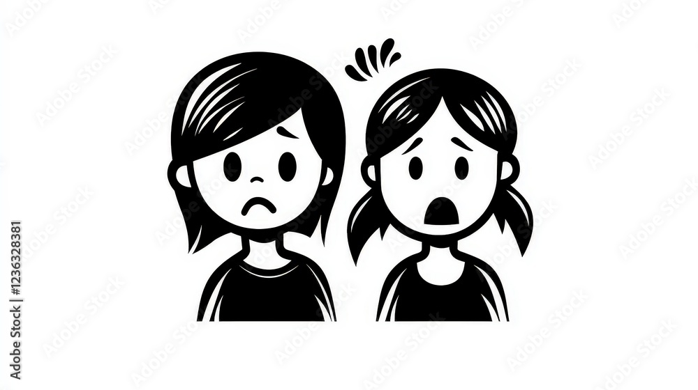 Two Girls Expressing Sadness and Concern in a Minimalist Style Two Girls Expressing Sadness and Concern in a Minimalist Style