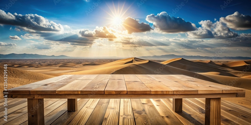 A wooden table with a desert view in the background, perfect for displaying your products or showcasing your brand A wooden table with a desert view in the background, perfect for displaying your products or showcasing your brand