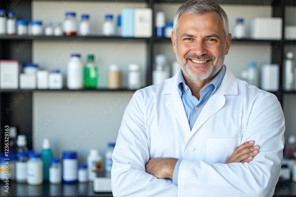 middle aged man in lab coat standing in clinical setting smiling middle aged man in lab coat standing in clinical setting smiling