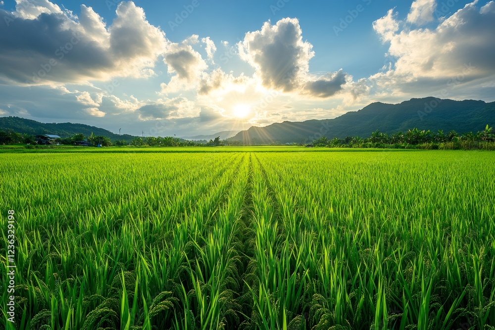 Obraz premium Sun shining over beautiful green rice paddies in idyllic countryside scenery