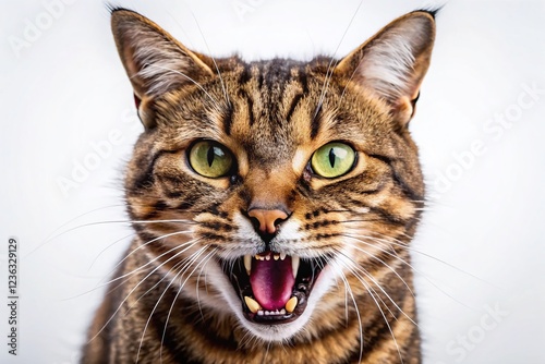 Aggressive Tabby Cat Hissing, Closeup Portrait, Feline, White Background, Sharp Teeth