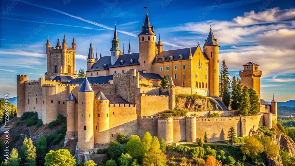 Naklejka premium Alcazar of Segovia Castle in Spain, Medieval Fortress with Turrets and Towers