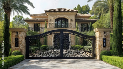 A large house with a black gate and a stone wall