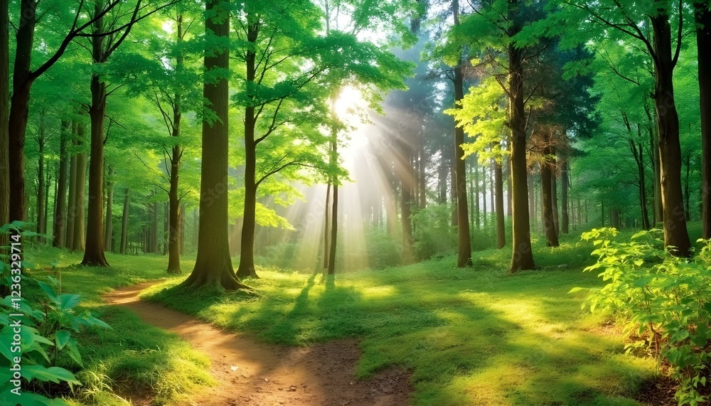 Beautiful rays of sunlight in a green forest Beautiful rays of sunlight in a green forest