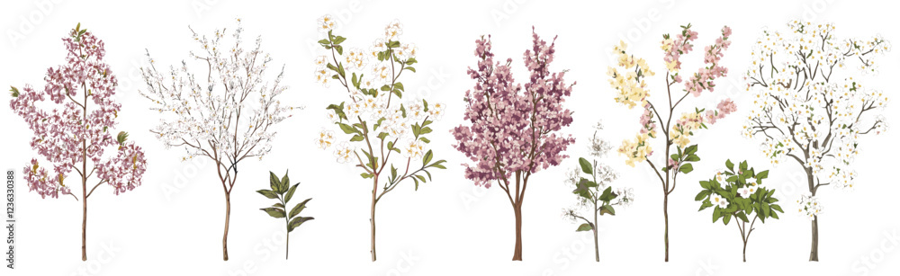 Fototapeta premium Spring blooming trees in vintage vector botanical style, black and white design illustrating the elegance of nature's renewal.