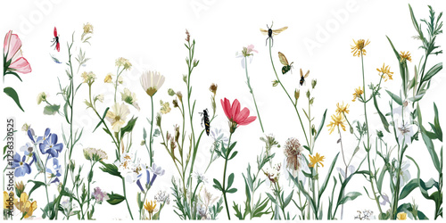 Bold wild thin flowers and subtle insect details make this trendy botanical print border the perfect statement for modern decor