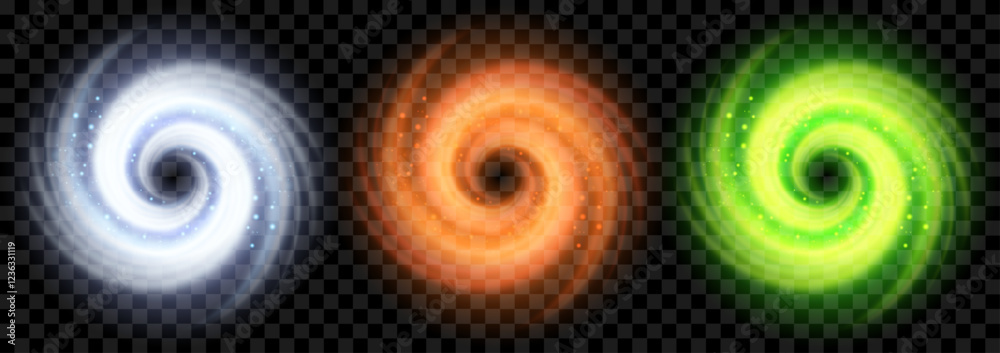 Glowing spiral vortex. Cleaning, washing, and freshness. Abstract motion effect in a circular swirl. Vector effect isolated on transparent background.