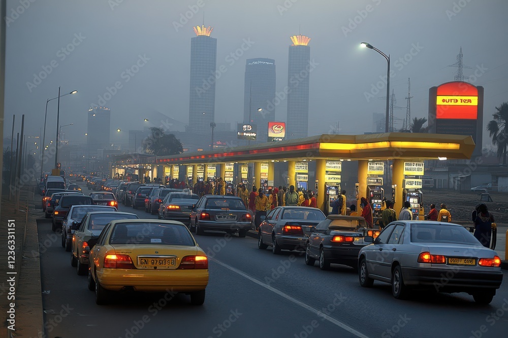 Fototapeta premium A high-resolution photograph of long lines of cars waiting at a crowded gas station in a bustling city. 