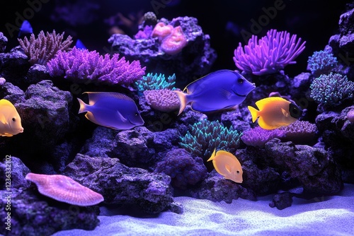 A hyperrealistic 3D render of a vibrant aquarium, teeming with colorful tropical fish swimming gracefully among detailed coral reefs and realistic rocks.  photo