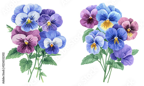 Blue tricolor pansy bouquet, heartsease and viola arvensis, hand-drawn botanical watercolor illustration on white background