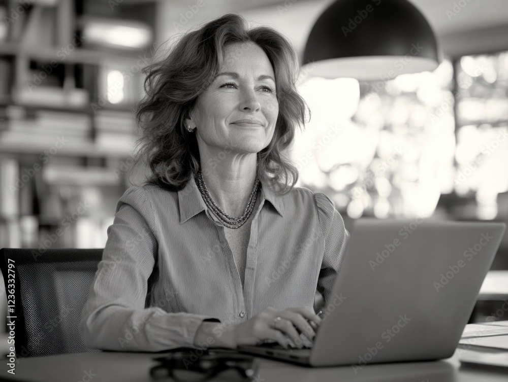 Fototapeta premium Smiling woman using a laptop, looking at the camera, in an office setting.