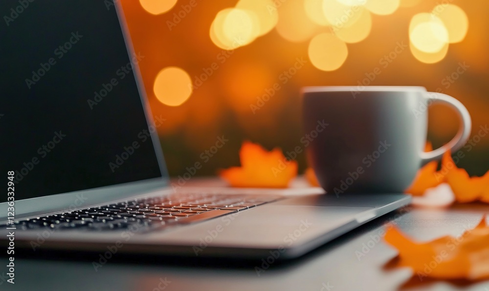 Fototapeta premium Cozy Autumn Workspace with Laptop and Pumpkin Spice Latte