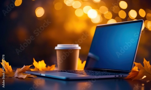 Fototapeta Naklejka Na Ścianę i Meble -  Cozy Autumn Workspace with Laptop and Pumpkin Spice Latte