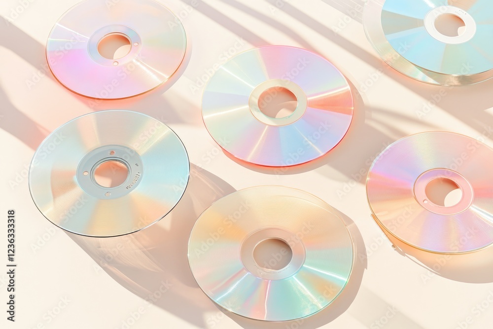 Colorful Collection of CDs Scattered on Pastel Background With Geometric Patterns Showcasing Minimalism in Design Colorful Collection of CDs Scattered on Pastel Background With Geometric Patterns Showcasing Minimalism in Design