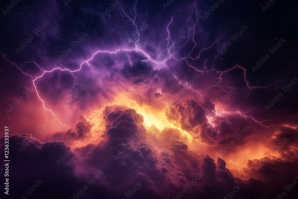 Fototapeta premium Fiery cosmic storm with lightning illuminating dark clouds........