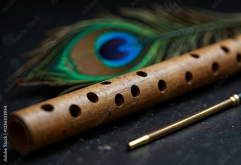 Fototapeta premium Traditional Wooden Flute with Peacock Feather Background