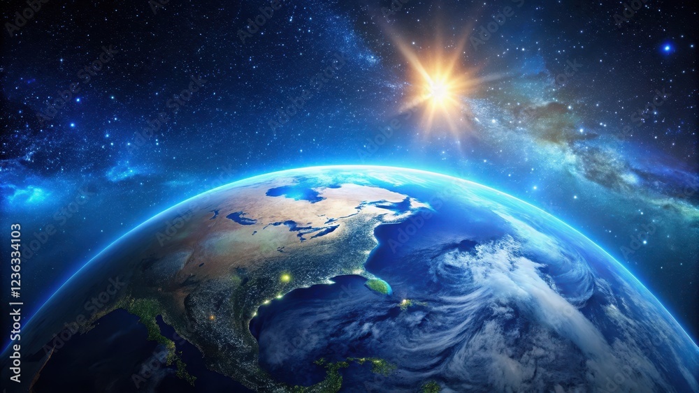 Obraz premium Earth from space with blue atmosphere and stars , Night Sky, Universe, Night Sky, Universe