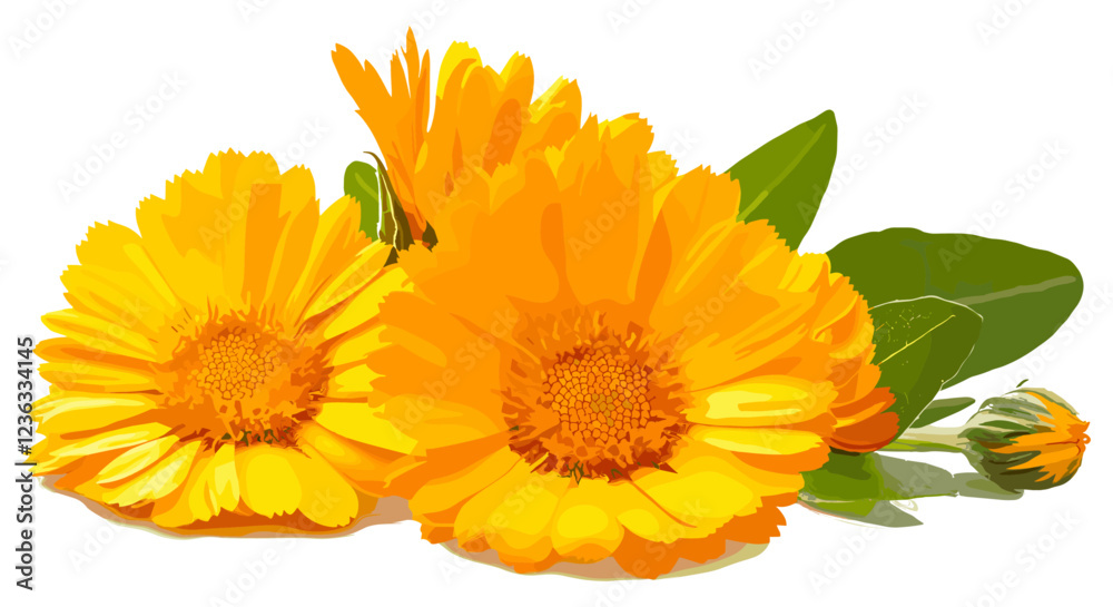 Pure white backdrop featuring calendula flowers with bright yellow blooms and green leaves, isolated to highlight their freshness and beauty. Pure white backdrop featuring calendula flowers with bright yellow blooms and green leaves, isolated to highlight their freshness and beauty.