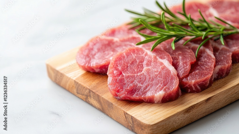 Sliced pork loin on wooden board, rosemary sprig, marble background; food preparation Sliced pork loin on wooden board, rosemary sprig, marble background; food preparation