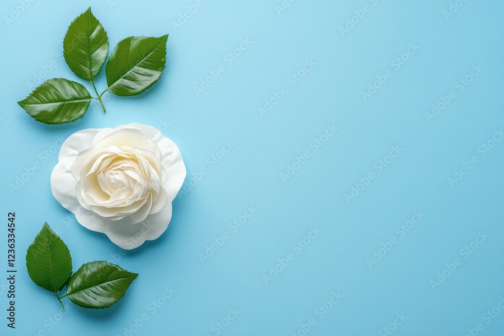 Naklejka premium White Rose and Green Leaves on Blue Background