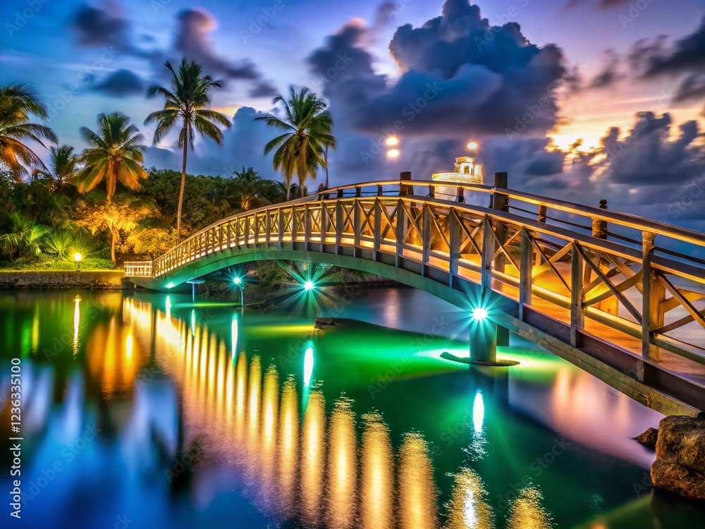 Naklejka premium Bayahibe Footbridge at Night: A Coastal Oasis in the Dominican Republic