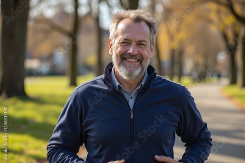 middle aged man with gray beard jogging through park jacket
