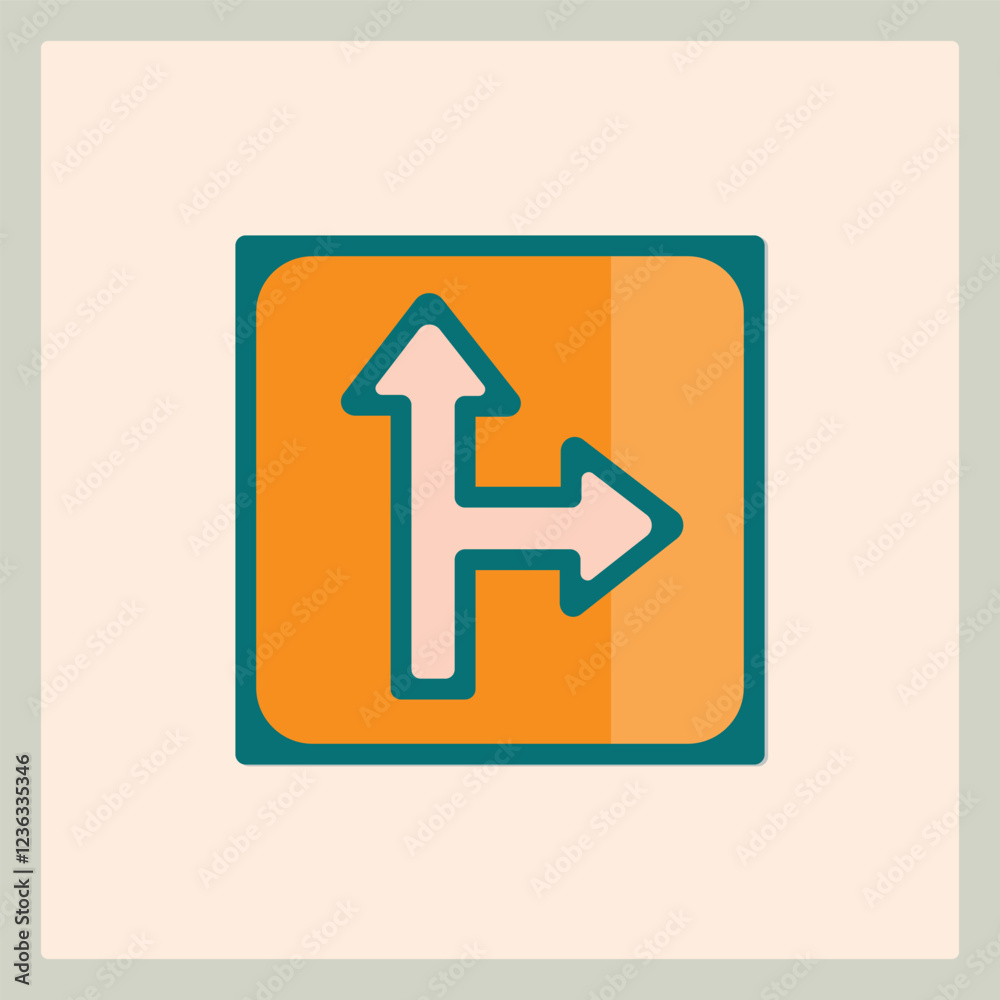 Simple Directional Icon Showing Straight and Right Arrows on Orange Square Simple Directional Icon Showing Straight and Right Arrows on Orange Square