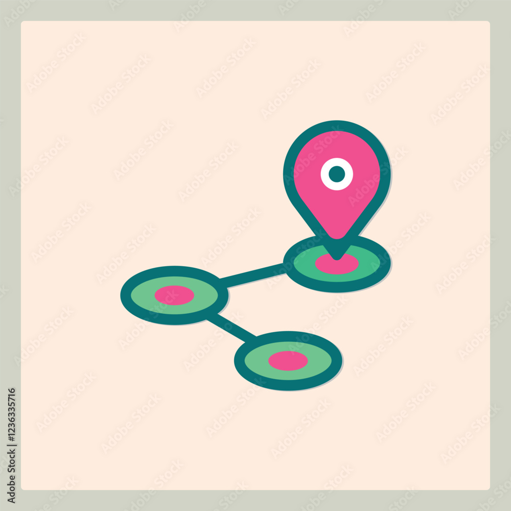 A stylized map pin icon connected to a network of location nodes on a pale background
