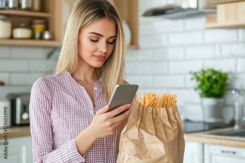 A woman in a kitchen looking at her cell phone while holding a bag of food