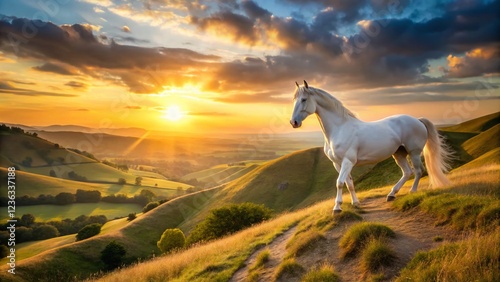 Majestic Westbury White Horse at Sunset, Wiltshire, England - Golden Hour Landscape Photography photo