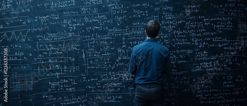 A mathematician solving equations on a blackboard surrounded by complex formulas and glowing lines celebrating the timeless application of logic in understanding the universe