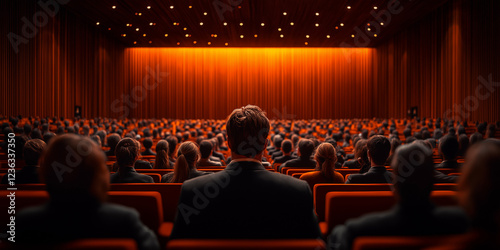 Audience in a theater with a bright orange stage in the background.