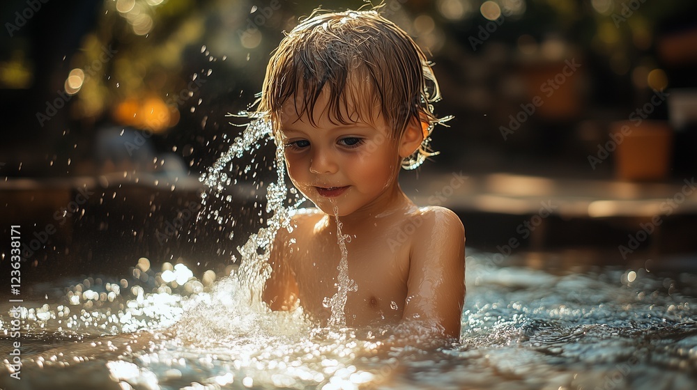 A moment-in-time of a child playing with water in a backyard fountain A moment-in-time of a child playing with water in a backyard fountain