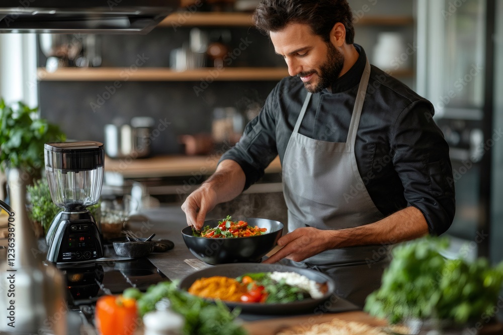 Chef garnishing a healthy vegetarian dish in a modern kitchen Chef garnishing a healthy vegetarian dish in a modern kitchen