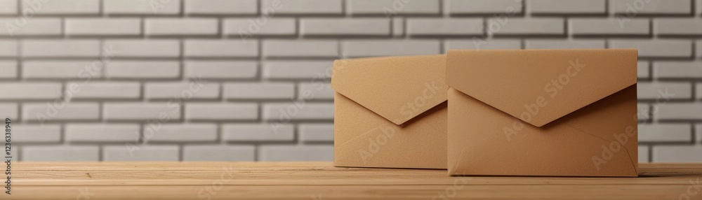 Kraft Envelopes on Wooden Table Against Brick Wall Mailing Packaging Stationery Concept Kraft Envelopes on Wooden Table Against Brick Wall Mailing Packaging Stationery Concept